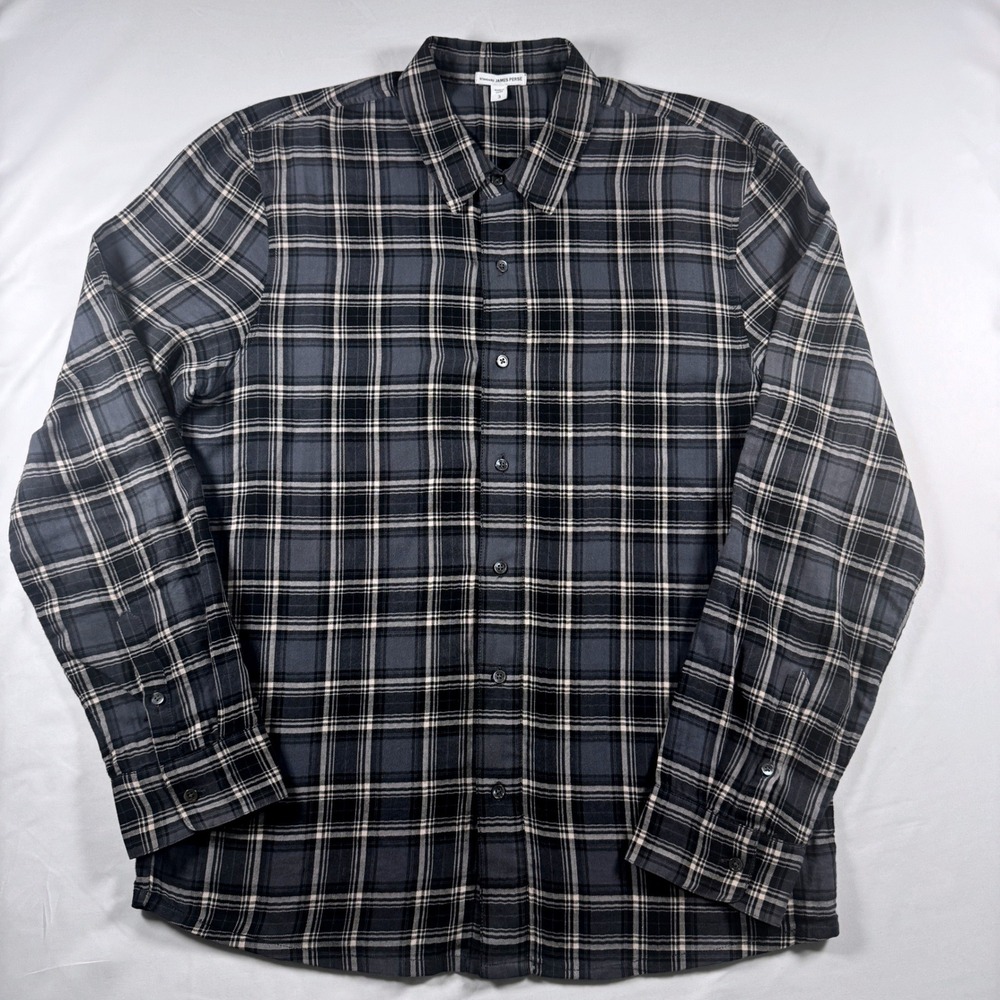 James Perse Plaid Button Up Shirt Mens 3 Large Grey Black Long Sleeve Cotton - Picture 3 of 7